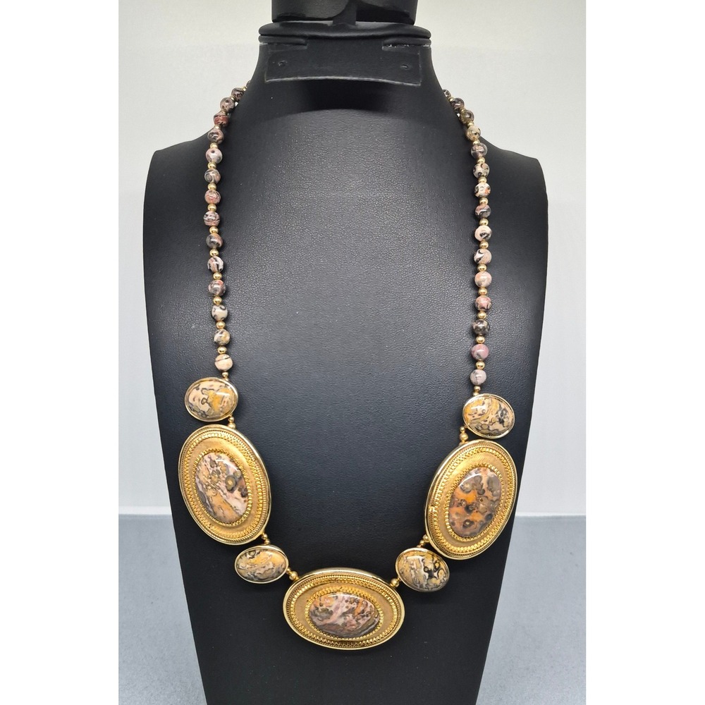 Vintage Necklace Gold Tone Jasper Stone Bib Statement Ornate